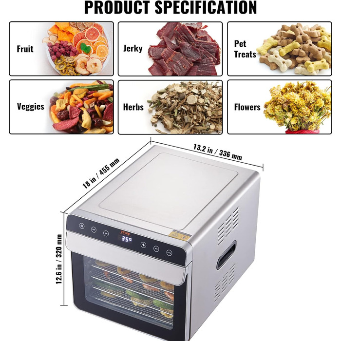 Дегідратор, контроль температури 30-90C, таймер від 0,5 до 48 годин, 700 Вт VEVOR