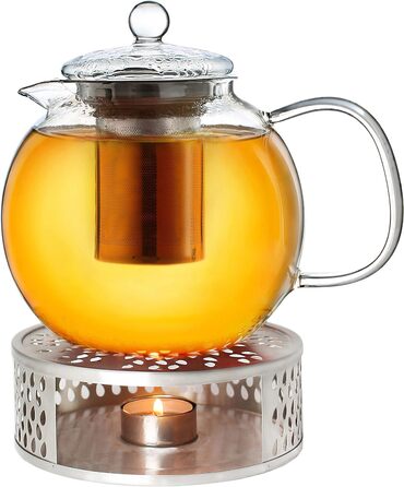 Скляний чайник Creano 1.3 л, скляний чайник із 3 частин із вбудованим ситечком з нержавіючої сталі та скляною кришкою, ідеально підходить для приготування сипучих чаїв, без крапель, універсальний (1,7 л тепліше)