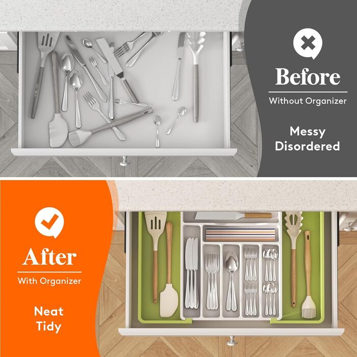 Органайзер для столових приборів 57 х 38 см для шухляд, 9 відділень, зелений і білий Lifewit