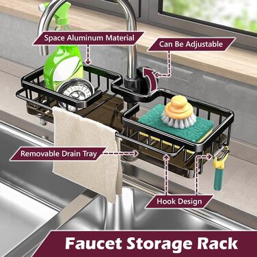 Органайзер для раковини LACEEZEN, тримач для губки для кранів діаметром 1,78-2,8 см, круглий, компактний тримач для рушників, кухонний органайзер (чорний, цільний)