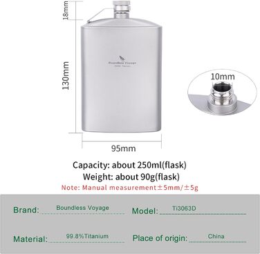 Мл Титанова стегнова колба Кишенькова пляшка для алкогольних напоїв Flagon Зовнішня плоска пляшка для алкоголю Кемпінговий ультралегкий винний горщик з лійкою Ti3061D (пляшка 250 мл-ti3063D), 200