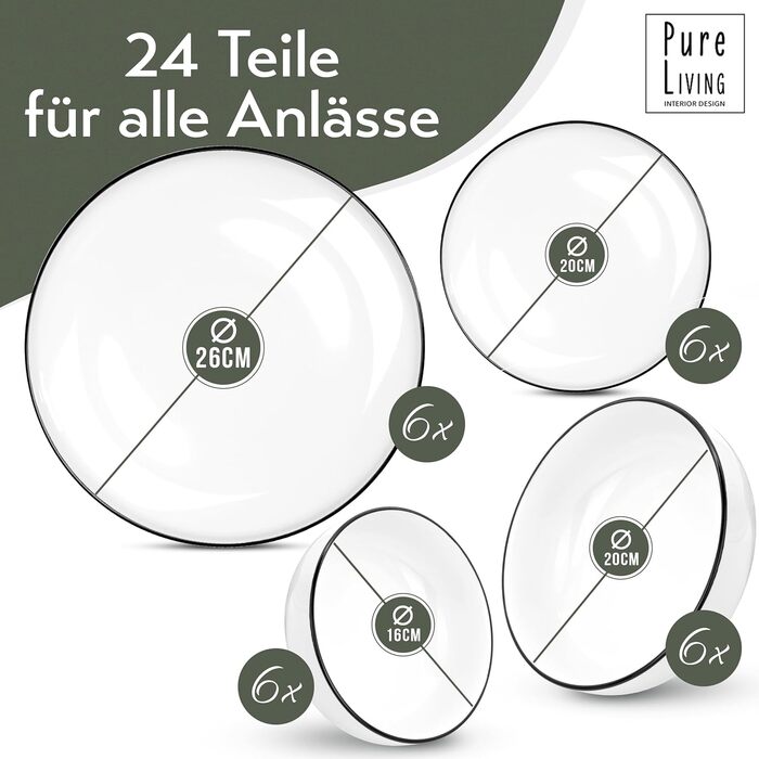 Набор посуды на 6 персон в скандинавском стиле, 24 белых предметов PURE LIVING INTERIOR DESIGN