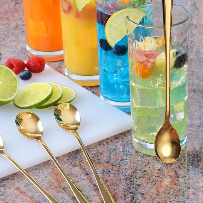 Набір ложок GRWE для лате макіато, золотий, 6 предметів, 22 см, довгі ложки, ложки для коктейлів, десертні ложки, ложки для морозива, ложки для кави з льодом, нержавіюча сталь, можна мити в посудомийній машині (золотий)