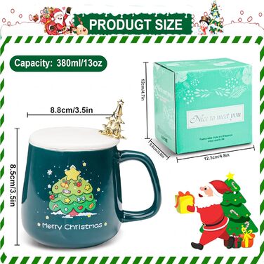 Милі кухлі Санта-Клауса ZONSUSE, кухоль з Різдвом Христовим, 3D різдвяна кружка, з ручками у формі цукерок та ложкою у формі ялинки, ідеї різдвяних подарунків для жінок і чоловіків 400 мл (A-зелений) (B-зелений)