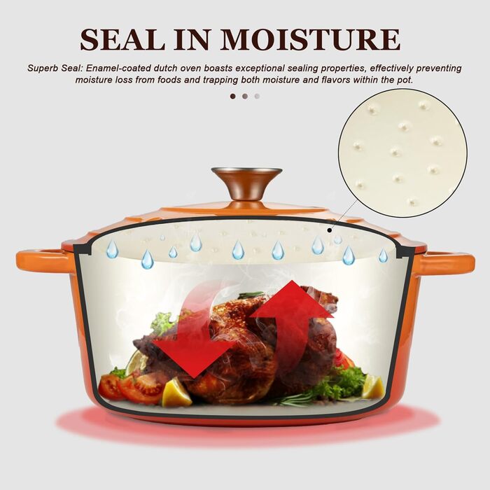 Чавунна форма для запікання Overmont Enamel - 26 см, придатна для використання в духовці, з кришкою та кулінарною книгою - для випікання, тушкування, запікання, білого кремового кольору (28 см-6,6 л, помаранчевий)