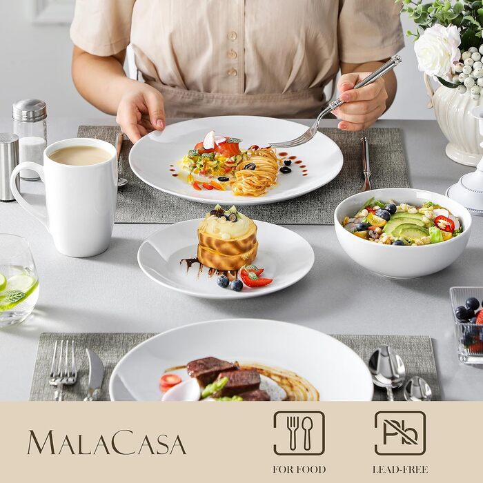 Серія Amelia, порцеляновий набір посуду на 6 персон, порцеляновий столовий сервіз, білий комбінований сервіз преміум-класу, з 6 обідніми тарілками, 6 тарілками для тортів, 6 глибокими тарілками та 6 мисками кожна. Набір посуду на 6 (48, білий)