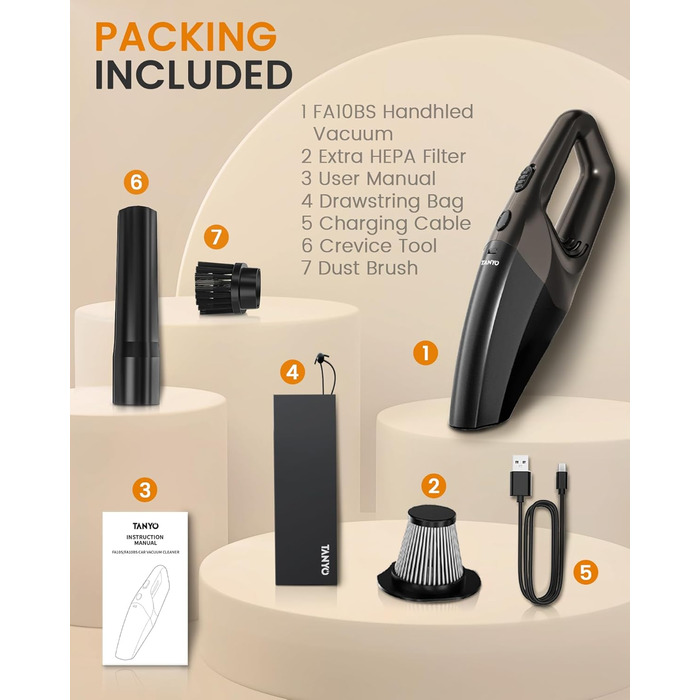 Ручний бездротовий пилосос з акумулятором 80 Вт чорно-коричневий TANYO