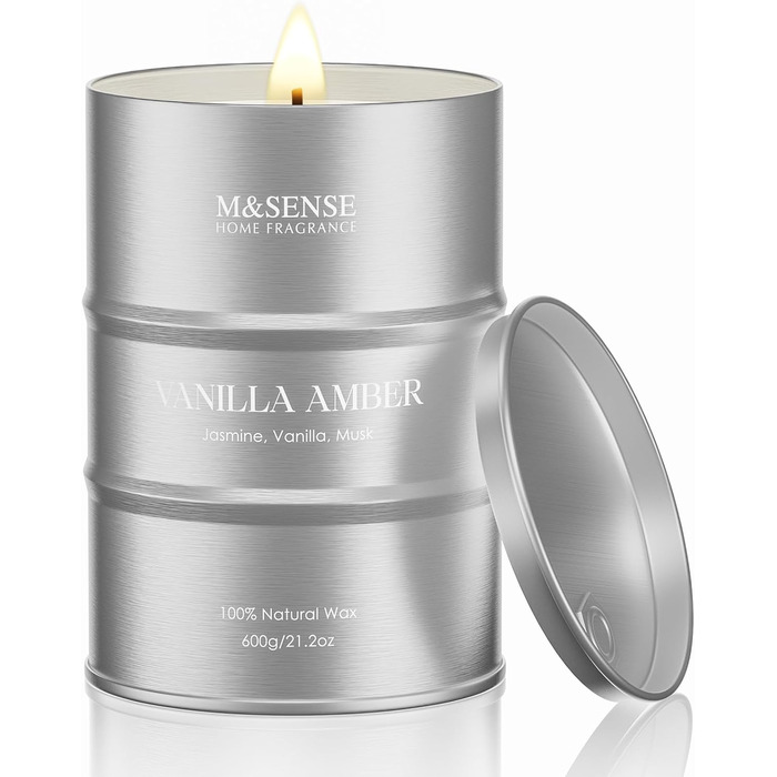 Ароматичні свічки M&SENSE з натурального соєвого воску, натуральна соєва свічка для домашнього декору, тривале горіння до 70 годин, класні подарунки-свічки для чоловіків і жінок (600 г, ванільно-янтарний)