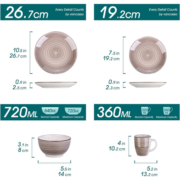 Комбінований сервіз фаянсовий, обідній сервіз з ручним розписом Vancasso Bella, марокканський стиль, вінтажний зовнішній вигляд, ручний розпис, на 12 осіб (обідній сервіз з 16 предметів, шоколад Bella)