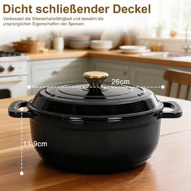 Чавунна жаровня 4,7 л з кришкою 26 см, чорна LEADZM