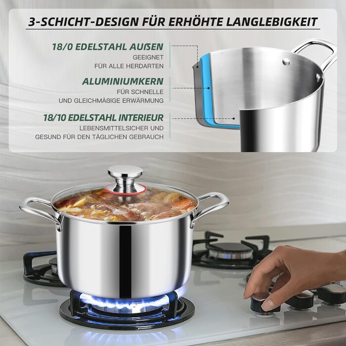 Каструля 3,3 л з нержавіючої сталі зі скляною кришкою 20 см Onader