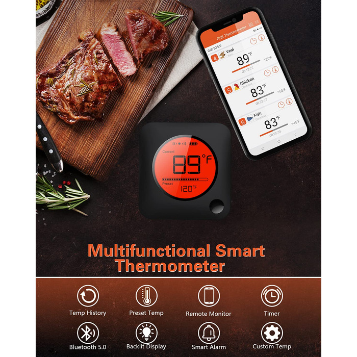 Термометр для гриля BFOUR 100 м Bluetooth, термометр для мяса беспроводной с 4 зондами из нержавеющей стали BFOUR