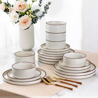 Набір посуду LeRatio для 6 осіб, 18-предметний набір керамічного посуду, керамічна миска та тарілка, стійкі до подряпин (18 предметів, перлинно-біло-коричневий обідок)