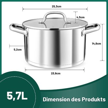 Велика каструля TEAMFAR, каструля з нержавіючої сталі, індукційна плита, скляна кришка, 3-шарове дно для всіх типів плит, каструля для пасти 26 см, каструля для м&39яса, без покриття та нетоксична, можна мити в посудомийній машині (5,7 літра)