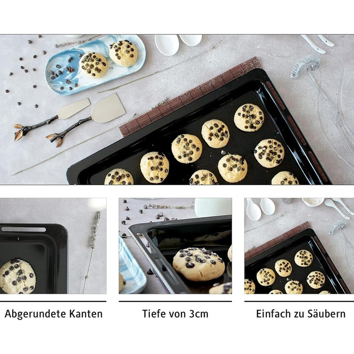 См, набір форм для випікання та решіток, глибока емальована сковорідка 3 см та хромована решітка для духовки та плити, стійка до подряпин та корозії, чорна (емальований набір 455 x 30 мм), 45,5 x 36