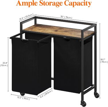 Сворачиваемая корзина для белья Lifewit, 95 л 2 выдвижные корзины для белья с верхней полкой и 2 семными сумками и ручками, сортировщик белья для прачечной, спальни, ванной комнаты и общего номера, черный 76x33,5x78 см Деревенский коричневый черный