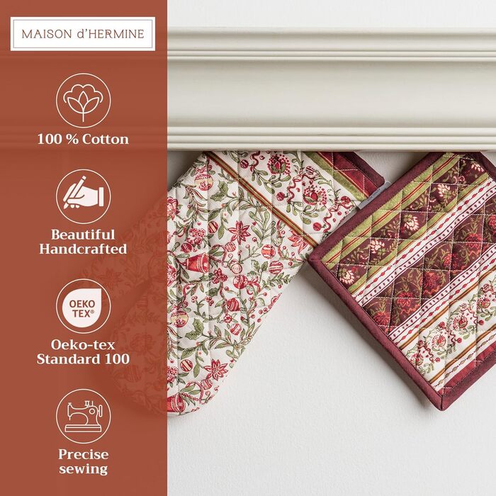 Рукавички для духовки, підставки для каструль Maison d&39 Hermine, 100 бавовна, термостійкі кухонні рукавички, рукавички для духовки (19 x 33 см) та підставки для каструль (20 x 20 см) для приготування їжі, Морзін - Рукавички для духовки (19 x 33 см) та п