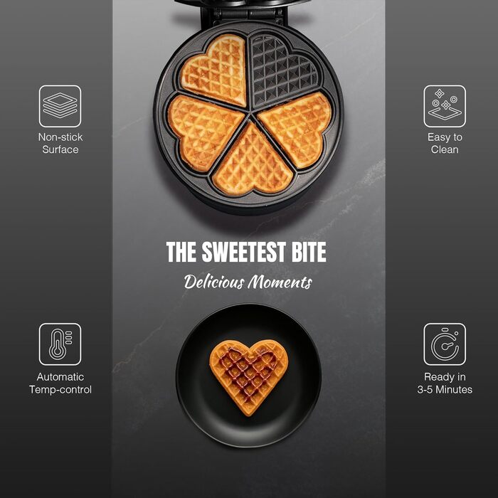 Вафельниця Bestron для класичних вафель у формі серця, вафельниця у формі серця з антипригарним покриттям та підсвічуванням випікання, вафельниця з колекції Sweet Dreams, 700 Вт, колір (матовий чорний)