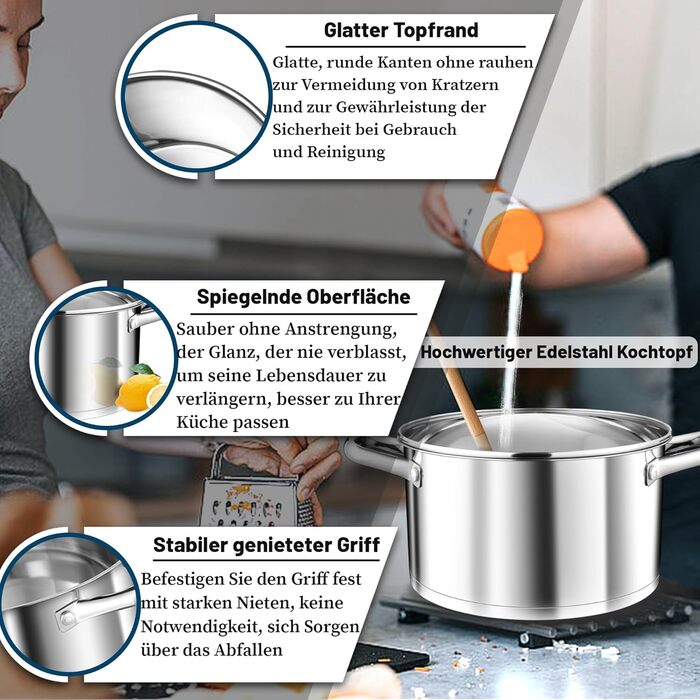 Велика каструля TEAMFAR, каструля з нержавіючої сталі, індукційна каструля, скляна кришка, 3-шарове дно для всіх типів плит, каструля для пасти 26 см, каструля для м&39яса, без покриття та нетоксична, можна мити в посудомийній машині (4,7 літра)