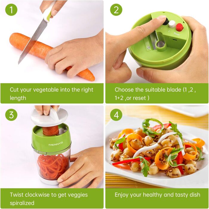 Спіральна овочерізка 4 в 1 з контейнером, зелена MENNYO