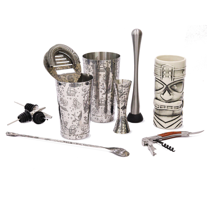 Набір бармена, 9 предметів, сатинована сталь, Tattoo, Urbanbar + ПОДАРУНОК келих TIKI