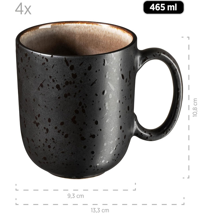 Сучасний набір для 4 осіб у захоплюючому вінтажному образі, великі плоскі обідні тарілки з кераміки, керамограніту, сірий/чорний (кавова кружка, сіра/чорна)