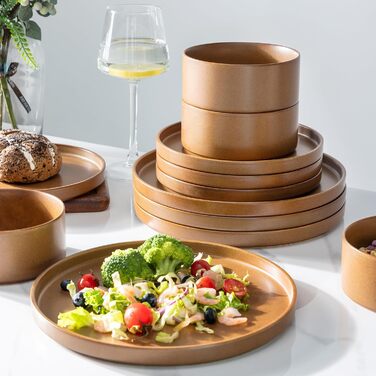 Набір посуду LeRatio для 6 осіб, 18-предметний набір керамічного посуду, керамічна миска та тарілка, стійкі до подряпин (18-предметний набір, бурштиновий)