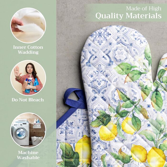 Рукавички для духовки Maison d&39 Hermine, Прихватки для каструль, 100 бавовна, термостійкі кухонні рукавички, рукавички для духовки (19 x 33 см) та прихватки для каструль (20 x 20 см) для приготування їжі, Morzine - Рукавички для духовки (19 x 33 см) та 