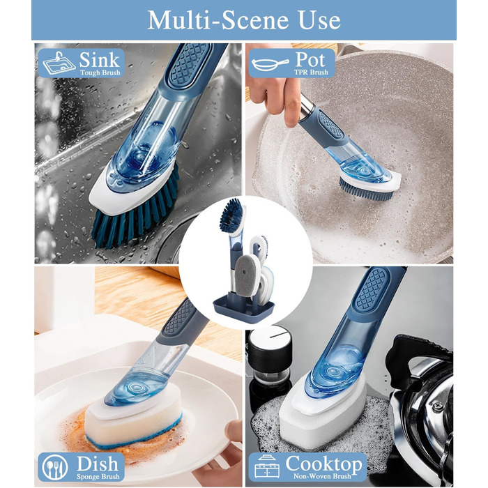 Щетка для посуды с дозатором для моющего средства с 4 сменными головками и держателем LEAZZLE