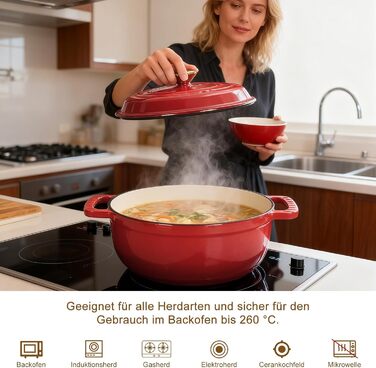 Чавунна жаровня 5,7 л з кришкою 28 см, червона LEADZM