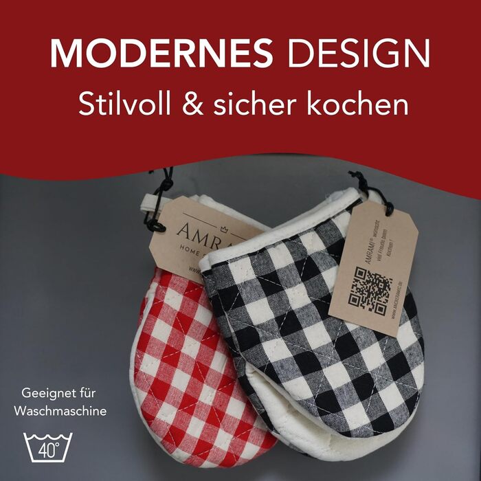 Рукавички для духовки AMRAMI термостійкі, набір бавовняних рукавичок для приготування їжі та випічки, 2 рукавички для духовки, що праються (червоно-чорні в клітинку) (маленькі червоно-білі в клітинку)