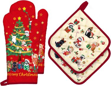 Набір з 2 різдвяних рукавичок для духовки та прихваток Arquiel, 100 бавовняні кулінарні рукавички, термостійкі кухонні рукавички для приготування їжі, різдвяний декор для кухні, подарунки для жінок (різдвяна ялинка 02, рукавички для духовки*2 прихватки*2)