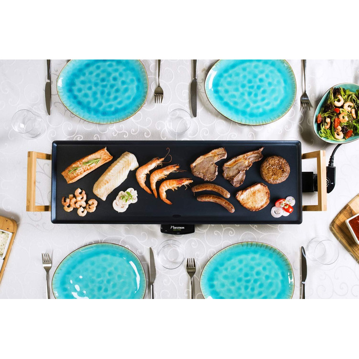 Электрический настольный гриль Bestron, гриль-пластина plancha/teppanyaki с антипригарным покрытием, барбекю до 10 человек, удлиненная поверхность для гриля, 2 000 Вт, цвет черный (XL)