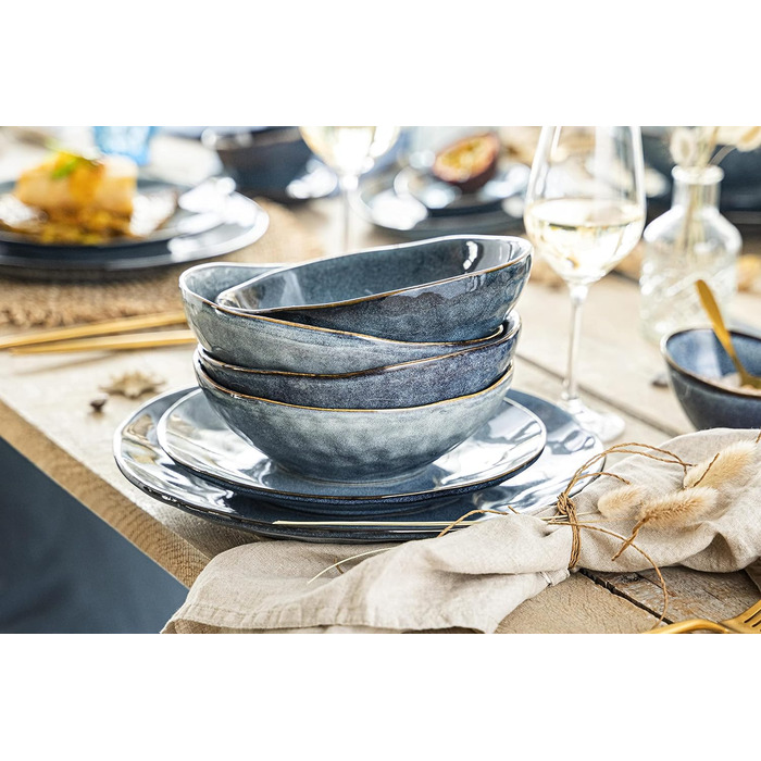 СПІВАЧКА Столовий сервіз Darwin 12 шт. , набір фаянсового посуду 4 персони, набір тарілок синього кольору в т.ч. обідня тарілка десертна тарілка & глибокі тарілки, столовий посуд, набір посуду ручної роботи (миски 4 шт.)