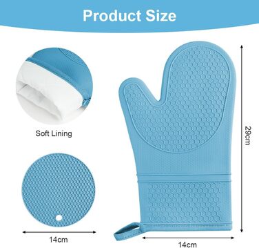 Набір рукавичок для духовки AUAUY, 1 пара силіконових рукавичок для духовки з 2 тримачами для каструль, нековзні кулінарні рукавички, термостійкі рукавички для духовки, рукавички для кухні, приготування їжі, випічки, гриля, барбекю (сині)