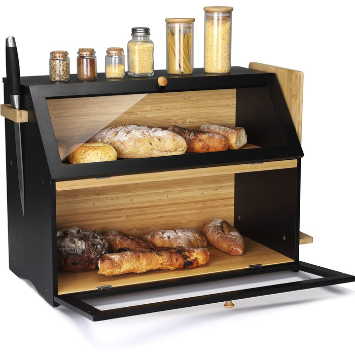 Хлібниця Leader Accessories з бамбука, 2-ярусна, для безпечного зберігання хліба, легкий догляд, 39x25x32 см, чорна (39x25x32 см/15,3&39x9,8&39x12,6&39) (чорна (50x25x37 см/19,7&39x9,8&39x14,5&39))