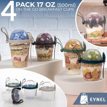 Стаканчики для йогурту з пластівців EYNEL на ходу з кришкою та ложкою, багаторазові пластикові парфе, молочний сніданок, хрусткі пластівці, вівсянка, смузі, перекус, чаша (набір 4 кольорів з ручкою)