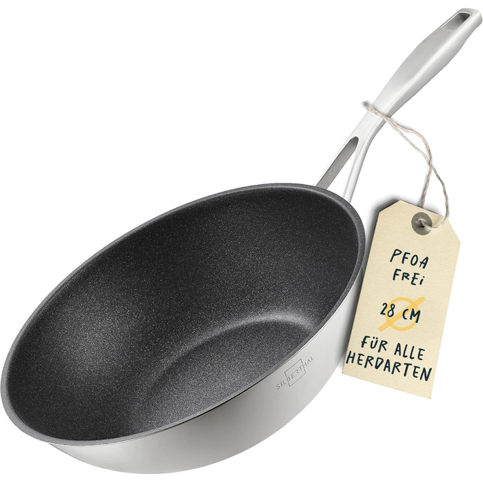 Сковорода вок індукційна 28 см - Сковорода вок з нержавіючої сталі для фритюру та смаження - Для всіх типів плит - Жароміцна до 400C (з покриттям, вок 28 см)