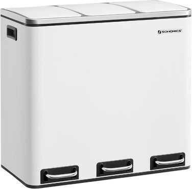 Кухонний контейнер для сміття SONGMICS, 3 x 18 л, система розділення сміття, 3 відділення, включаючи 15 мішків для сміття, відро для сміття, відро для сміття з педаллю, для вторинної переробки, органічні відходи, з кришкою, LTB54BK (білий хмара)