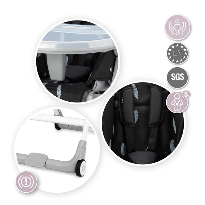 Дитячий стільчик для годування з 4 колесами та функцією гальма від 6 місяців чорний Momi