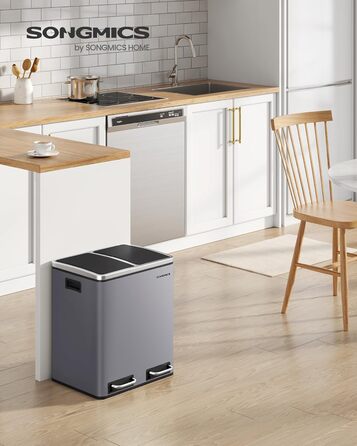 Кухонний кошик для сміття, 2 x 15 літрів, система розділення сміття, 2 відділення, включаючи 15 мішків для сміття, відро для сміття, відро для сміття на педалі, перероблені відходи, органічні відходи, кришка з мяким закриттям, LTB30BK (матово-сірий)