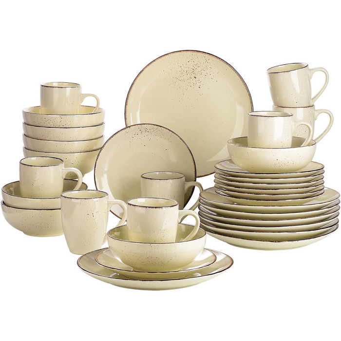 Комбинированный сервиз, набор посуды из керамогранита Navia, обеденный сервиз из 32 предметов, винтажный внешний вид, природный дизайн (набор из 32 предметов, Navia-9)