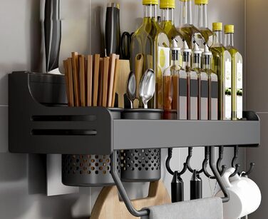 Підвісна підставка для спецій з металу, міцна кухонна полиця, настінна підставка для спецій, органайзер для спецій, кухонний органайзер, підставка для спецій з тримачем для рушників, Daojai, гачки та тримач для столових приборів, сіра, (40 см, чорна)