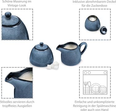 Співачка Набір молока та цукру Darwin 3 шт., Цукорниця та набір глечиків для молока Кераміка, Цукорниця з кришкою та глечиком для молока, Контейнер для молока та дозатор цукру ручної роботи, Контейнер для цукру Синя цукорниця та Глечик для молока синій