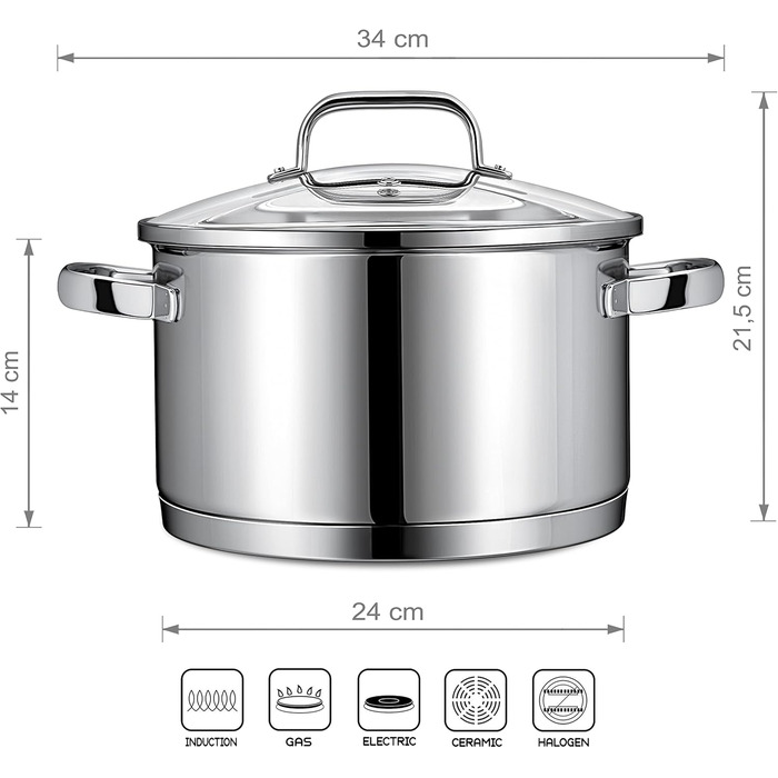 Маленька каструля Linnuo для індукції 16 см зі скляною кришкою, маленька каструля об&39ємом 1,5 л з нержавіючої сталі 18/10, ручка не нагрівається, коване дно для всіх плит, міні-каструля, каструля для молока для індукції, каструля (24 см 6,0 л)
