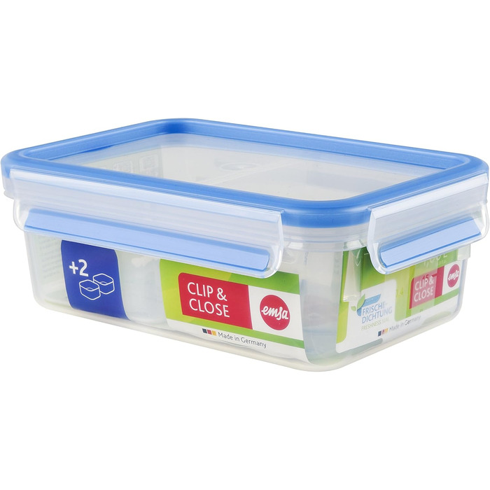 Набір контейнерів для зберігання продуктів EMSA Clip & Close, прямокутні, 5 x 0,8 л, коробки для зберігання, 100 герметичні, придатні для миття в посудомийній машині, морозильної камери та мікрохвильової печі, прозорі, сині, зроблені в Німеччині, N10307 (