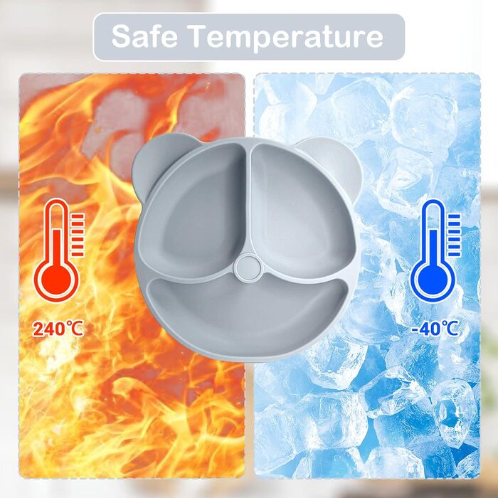 Силіконовий набір дитячого столового посуду Bizcasa з 9 предметів, нековзкий набір дитячого столового посуду, дитячий столовий посуд із присоскою, нековзна дитяча миска, дитяча тарілка, дитячий набір столових приборів для малюків, без BPA (сірий)