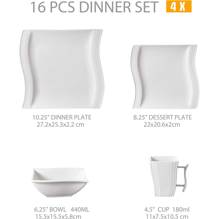 Серія Flora, 30 шт. Набір посуду з мармурової порцеляни Комбінований обідній сервіз з 6 кавовими чашками, 6 блюдцями, 6 десертними тарілками, 6 суповими тарілками та 6 плоскими тарілками (білими, 16 шт. кавовим сервізом)