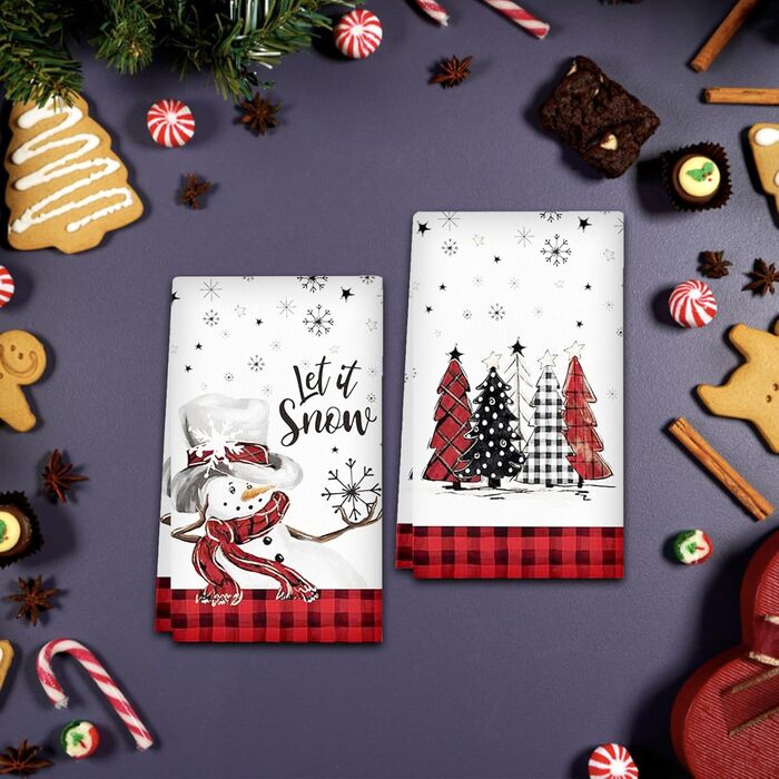 Набір з 2 різдвяних кухонних рушників Сніговик, Ялинки 43 x 66 см YAXZIM