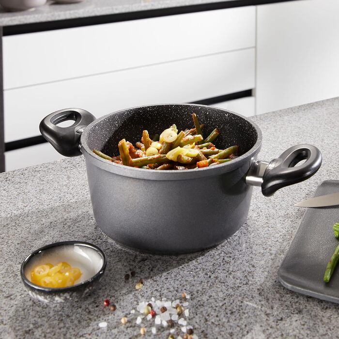 Каструля STONELINE XXL з литого алюмінію, велика, з кришкою, 7 л, антипригарне покриття зі справжніми кам&39яними частинками, індукційний посуд для всіх типів варильних поверхонь, духовка, приготування їжі без жиру та олії, сірий (18 см)